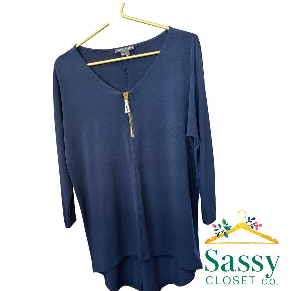 Chelsea & Theodore Navy Tunic Top Women’s M Gold Quarter Zip High‑Low Hem EUC